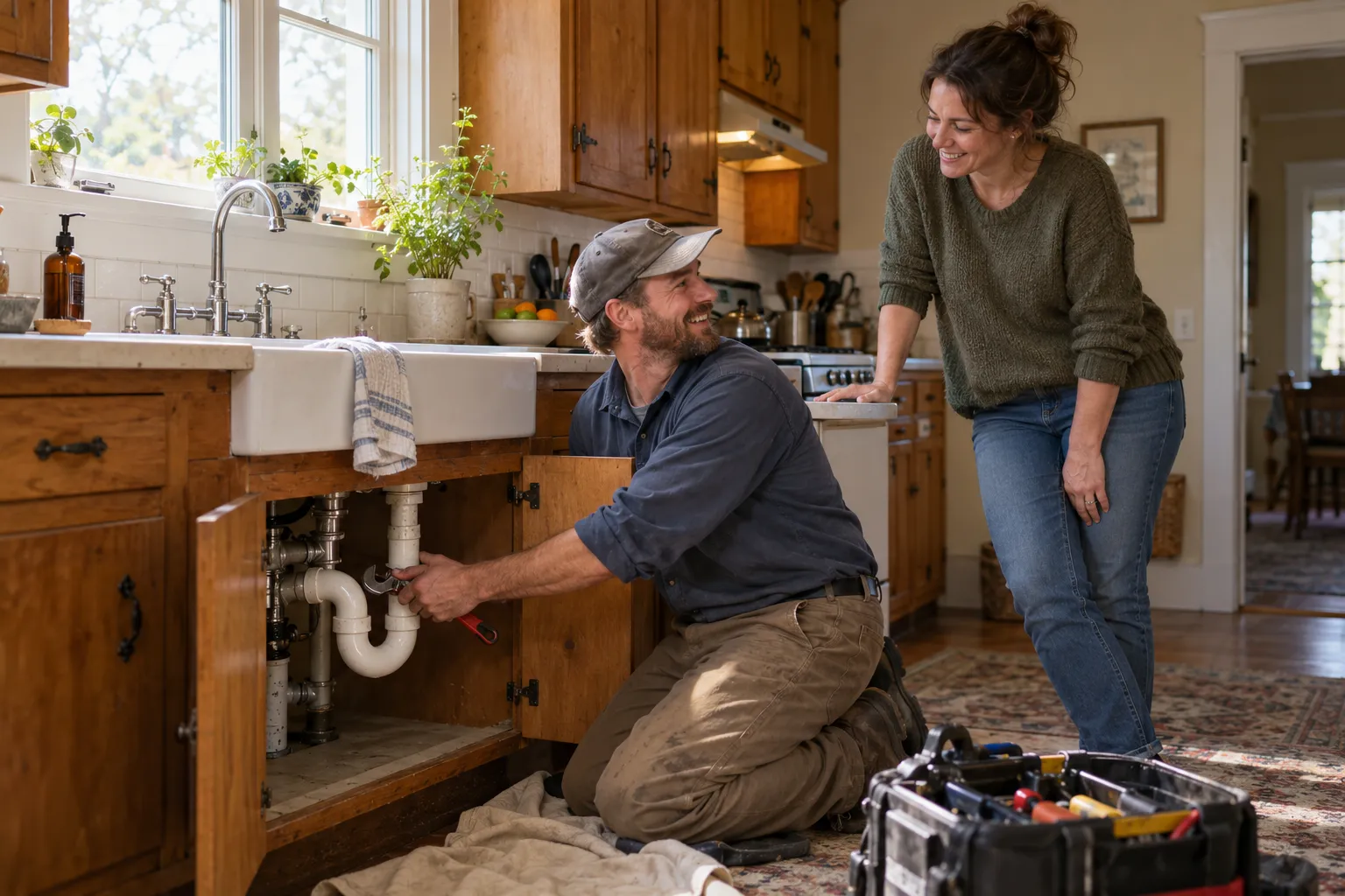 A friendly local plumbing provider kneeling beside a kitchen sink in a Middletown home